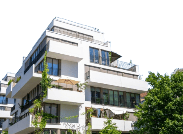 Frontansicht eines modernen Mehrfamilienhauses